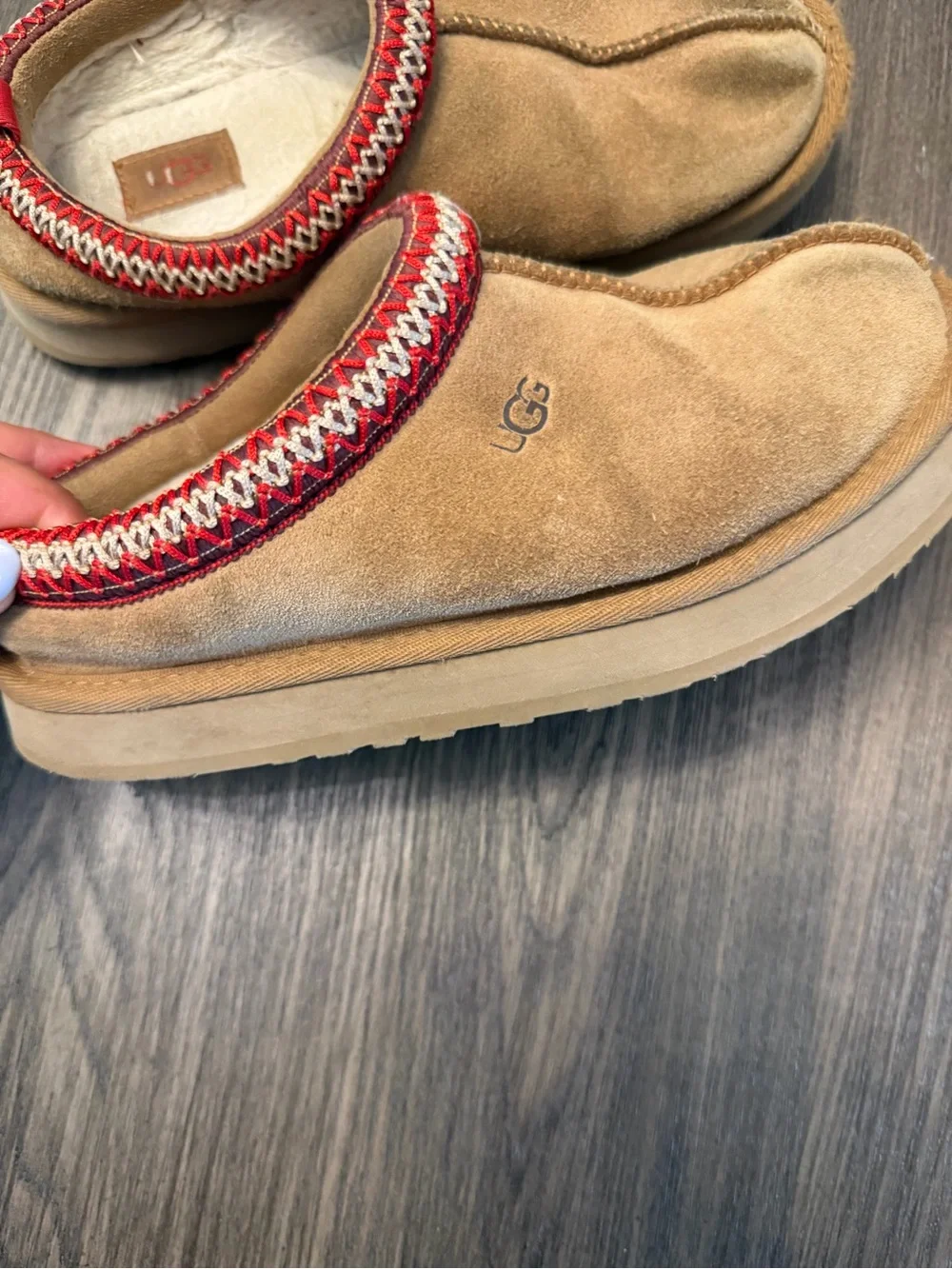 UGG Chestnut Suede Slip-On Shearling Slippers with Red Trim